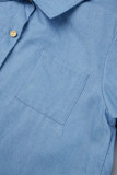 Diepblauwe casual effen patchwork asymmetrische overhemdkraag, lange mouwen, normale denimjurken