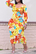 Yellow Casual Print Basic U Neck Long Sleeve Dresses