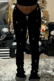 Black Casual Solid Patchwork Skinny Mid Waist Conventional Patchwork Trousers
