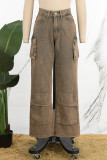 Pink Casual Patchwork Basic Mid Waist Straight Baggy Cargo Denim Jeans