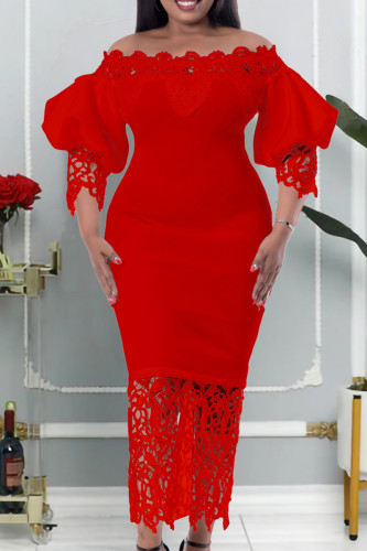 Red Casual Solid Hollowed Out Patchwork Off the Shoulder Pencil Skirt Plus Size Dresses