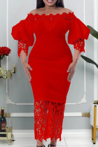 Rode casual effen uitgeholde patchwork off-shoulder kokerrok grote maten jurken