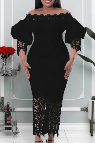 Black Casual Solid Hollowed Out Patchwork Off the Shoulder Pencil Skirt Plus Size Dresses