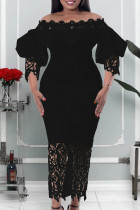 Zwarte casual effen uitgeholde patchwork off-shoulder kokerrok grote maten jurken