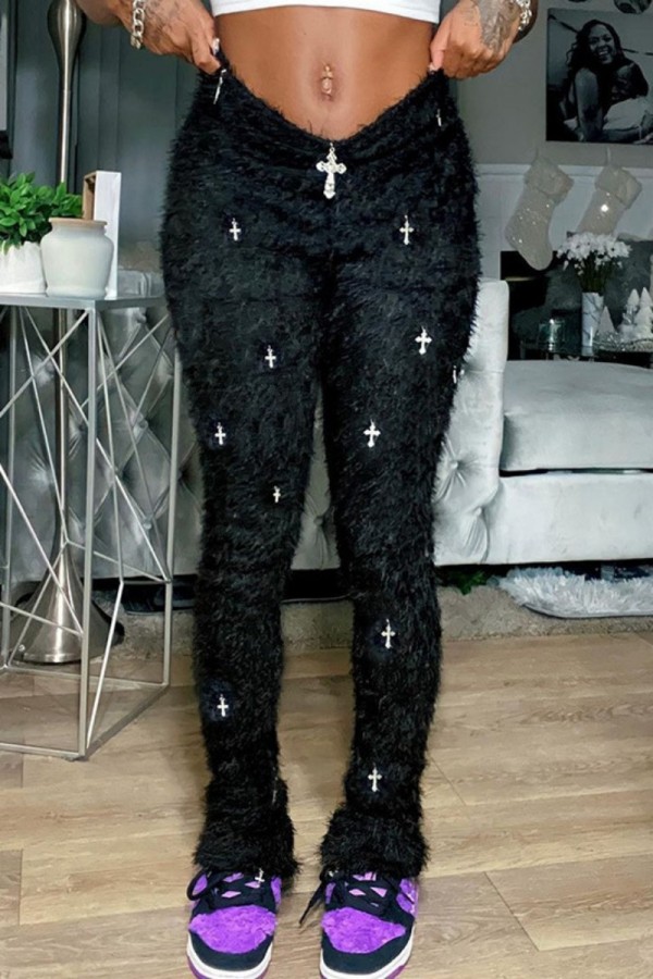 Pantalon patchwork noir décontracté uni, slim, taille moyenne, conventionnel