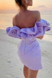 Robe violette sexy en patchwork, dos nu, épaules dénudées, sans bretelles