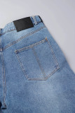 Azul casual patchwork contraste cintura alta jeans regular