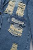 Giacca di jeans regolare a maniche lunghe con colletto rovesciato e cardigan strappato solido casual blu