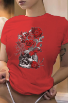 Camisetas de retalhos de caveira com estampa vintage de rua vermelha vermelha