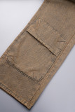Brown Casual Patchwork Basic Mid Waist Straight Baggy Cargo Denim Jeans