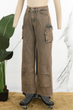 Bruine casual patchwork basic rechte denim jeans met middelhoge taille