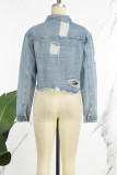 Giacca di jeans regolare a maniche lunghe con colletto rovesciato casual blu casual strappata