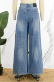 Jeans in denim regolari a vita alta a contrasto patchwork casual blu