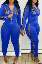 Gola com zíper azul casual leopardo patchwork manga longa duas peças