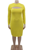Yellow Casual Solid Hollowed Out Patchwork O Neck One Step Skirt Plus Size Dresses