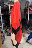 赤 カジュアル プリント ベーシック Oネック Aライン プラスサイズ ドレス
