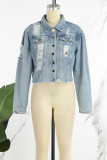 Jaqueta jeans regular com gola dobrada rasgada e casual azul