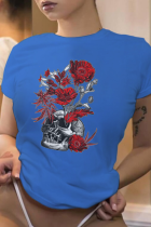 T-shirts à col rond en patchwork de crâne imprimé vintage bleu royal