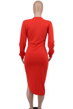 Röda Casual Solid Patchwork V-hals långärmade klänningar