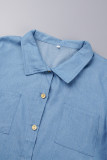 Hellblaue, lässige, solide Patchwork-Jeanskleider mit asymmetrischem Hemdkragen und langen Ärmeln