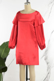 Rote, lässige, solide Basic-Kleider mit O-Ausschnitt und langen Ärmeln