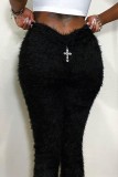 Schwarze, lässige, einfarbige, schmale Patchwork-Hose mit mittlerer Taille und herkömmlicher Patchwork-Hose