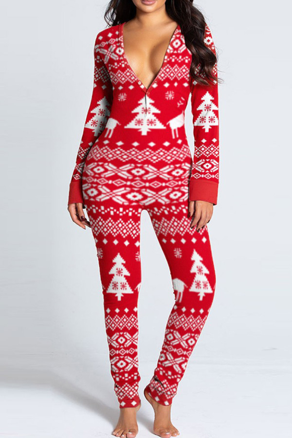 Skinny jumpsuits met kerstboomstraatprint, patchwork, knopen en V-hals