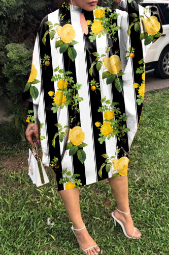 Black Yellow Casual Print Hollowed Out Button Collar Long Sleeve Dresses