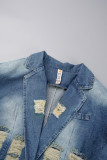 Blå Casual Solid Ripped Cardigan Turndown-krage Långärmad vanlig jeansjacka