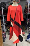 赤 カジュアル プリント ベーシック Oネック Aライン プラスサイズ ドレス