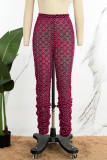 Pantalones de patchwork convencionales de cintura media ajustados con patchwork ondulado informal rojo rosa
