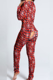 Rot-blauer Skinny-Jumpsuit mit Street-Print und Patchwork-Knöpfen und V-Ausschnitt