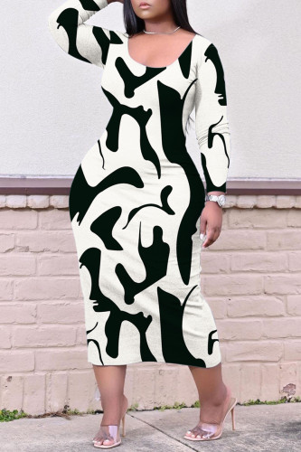 Black White Casual Print Basic U Neck Long Sleeve Dresses