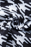 Black White Casual Print Patchwork Mandarin Collar Plus Size Two Pieces