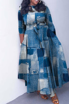 Blaues, lässiges, bedrucktes, einfaches, langes Kleid mit O-Ausschnitt und Kleider in Übergröße