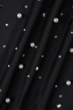 Macacão skinny preto sexy patchwork transparente com broca quente e gola redonda