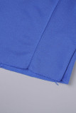 Azul Casual Retazos lisos Dibujar bolsillo con cordón O cuello Manga larga Dos piezas
