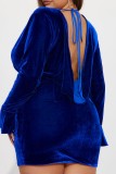 Blå Casual Solid Frenulum Backless V-hals långärmade klänningar