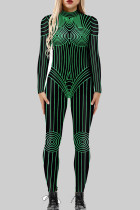 Groene sexy print patchwork skinny jumpsuits met rits en O-hals
