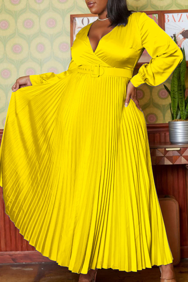 Желтые элегантные однотонные лоскутные платья с поясом и плиссировкой, длинные платья с V-образным вырезом (ремень в комплекте)
