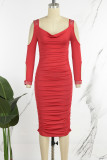 Rode sexy casual effen uitgeholde patchwork hete boor V-hals jurken met lange mouwen