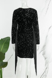 Black Sexy Party Patchwork Tassel Hollowed Out Sequins O Neck Long Sleeve Dresses