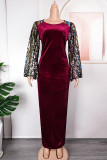 Purplish Red Elegant Solid Sequins Patchwork Zipper O Neck Long Dress Plus Size Dresses