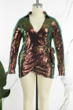 Robes décontractées vert à paillettes bronzantes Frenulum col en V manches longues grande taille