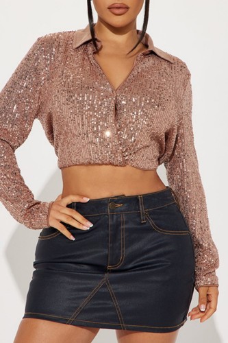 Champagne Casual Patchwork Sequins Turndown Collar Tops