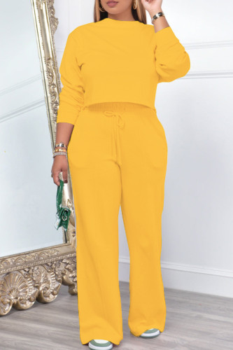 Yellow Casual Solid Patchwork Draw String Pocket O Neck Long Sleeve Two Pieces
