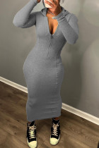 Grey Casual Solid Patchwork Zipper Collar Long Sleeve Dresses
