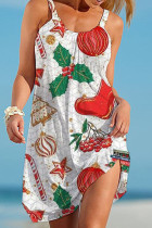 Rot-weißes, lässiges, bedrucktes Patchwork-Kleid mit Spaghettiträgern und bedruckten Kleidern