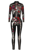 Black Red Sexy Print Patchwork Zipper O Neck Skinny Jumpsuits
