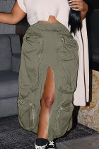 Green Street Pantalones rectos de color sólido con bolsillo de parches lisos con cremallera y apertura alta rectos de cintura alta